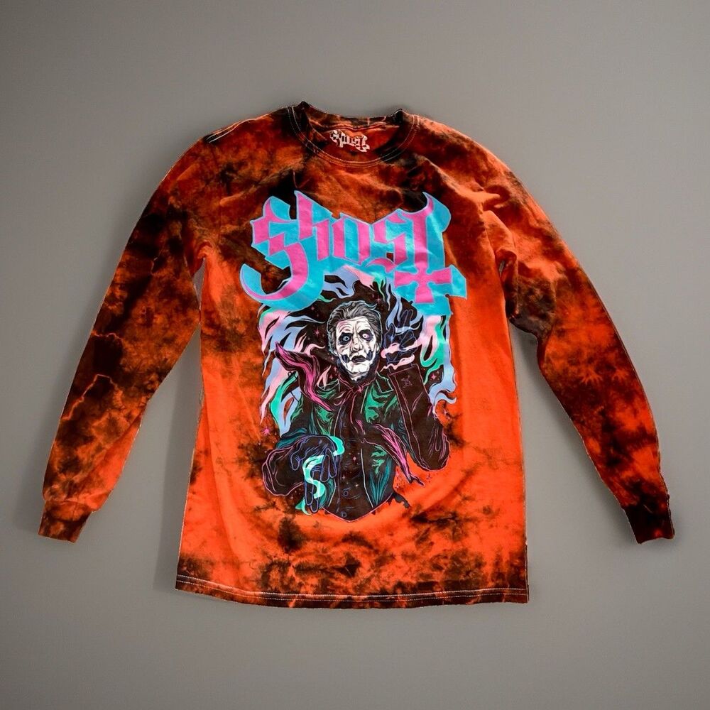 Ghost Band Tie Dye Long Sleeve Shirt Orange Black Graphic Metal Tee S